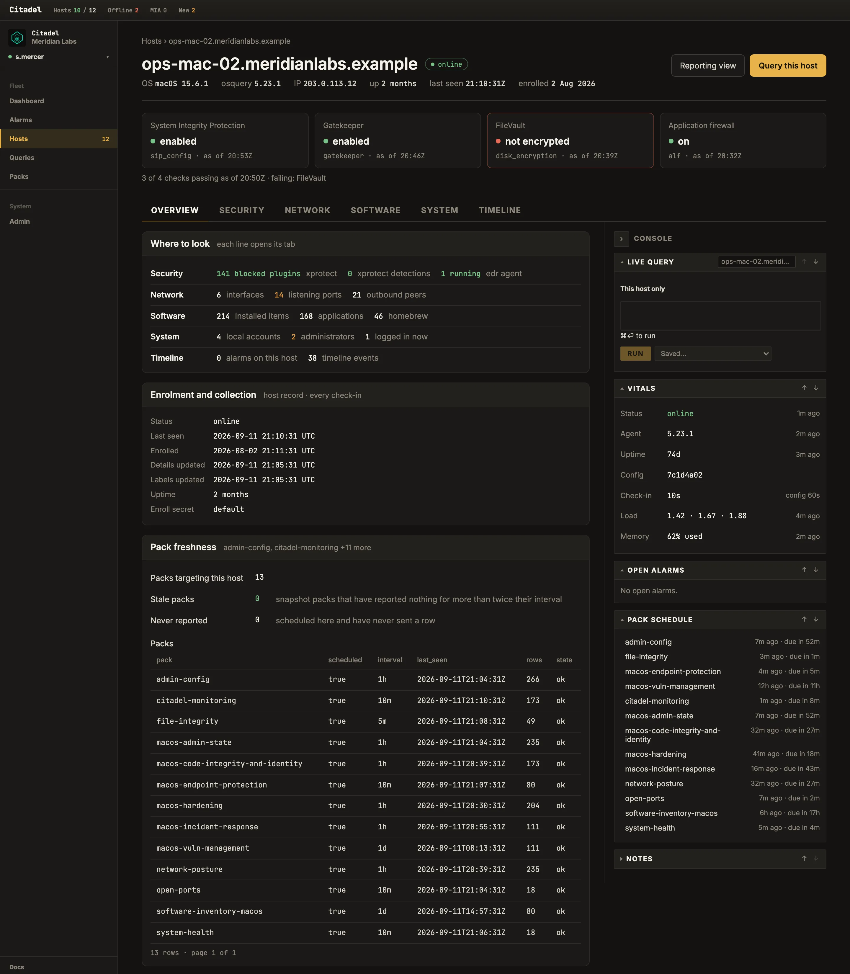 Citadel host detail for one macOS host: a posture strip of System Integrity Protection, Gatekeeper, FileVault and application-firewall checks, each with the query that reported it; enrolment and collection details; and a pack-freshness table of the packs targeting the host with intervals, last result and row counts.
