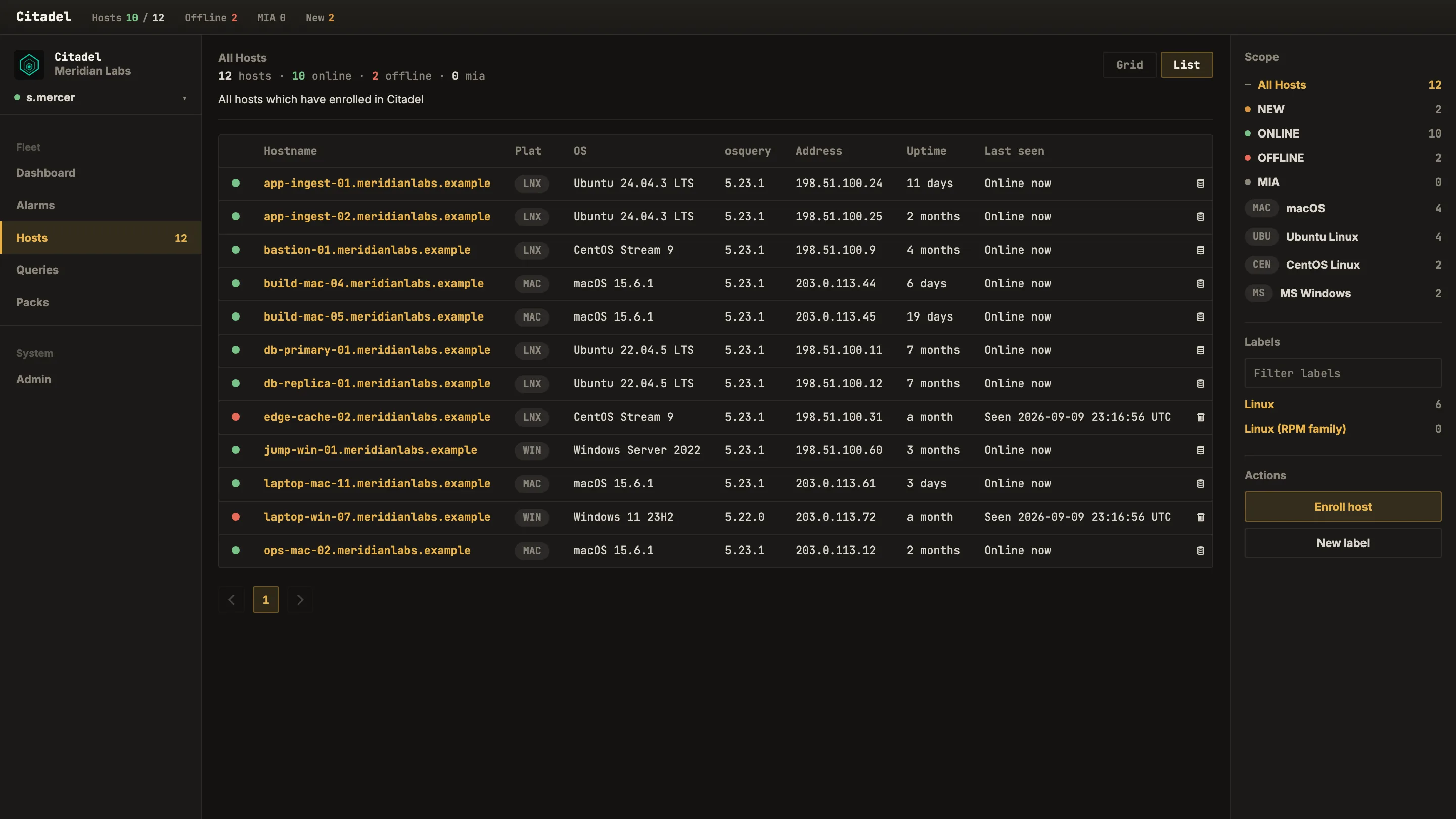 The Citadel hosts view: a table of enrolled hosts with status, hostname, platform, operating system, osquery version, address, uptime and last-seen time, beside a scope panel of online, offline and missing counts and the built-in platform labels.