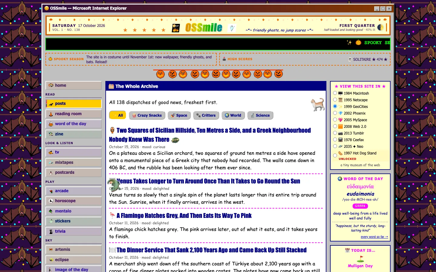 The OSSmile post archive: every dispatch, newest first, filterable by category, each with a headline, date, the mood it was written in and a short summary.
